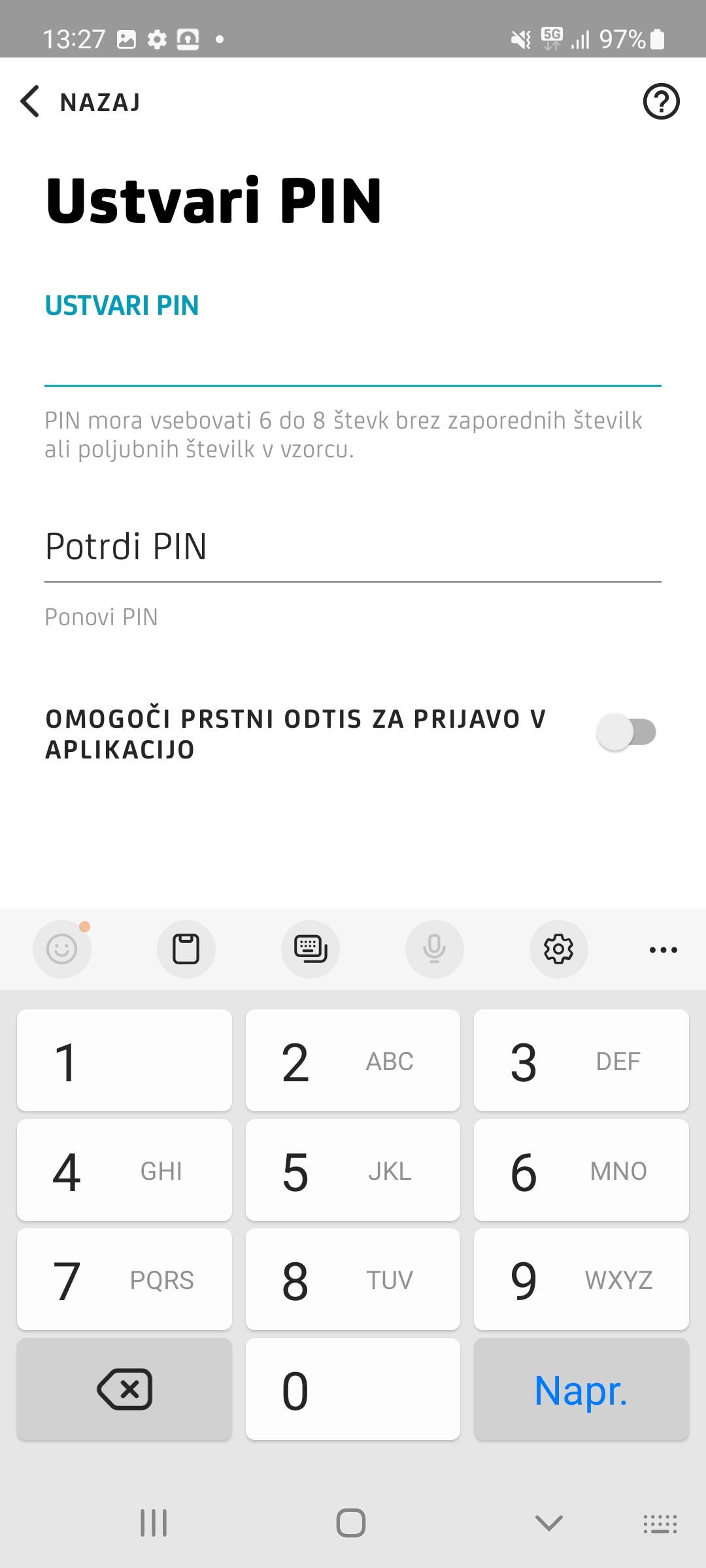 Ustvarite PIN kodo